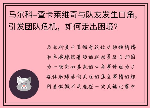 马尔科-查卡莱维奇与队友发生口角，引发团队危机，如何走出困境？